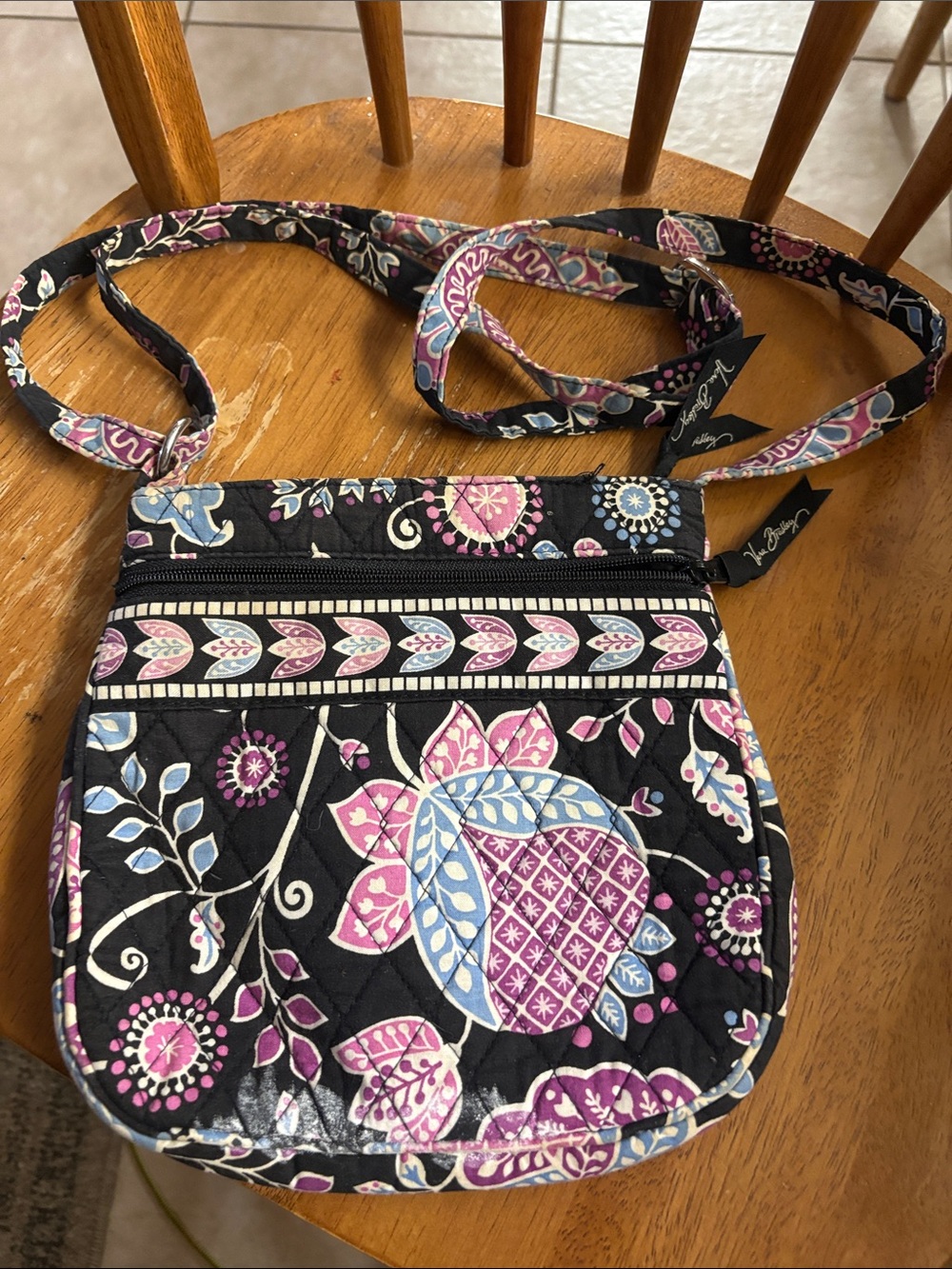 Vera Bradley Black Quilted Crossbody with Pink & Blue Floral Motif